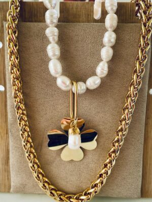 Mixte collier chaîne et perle trèfle